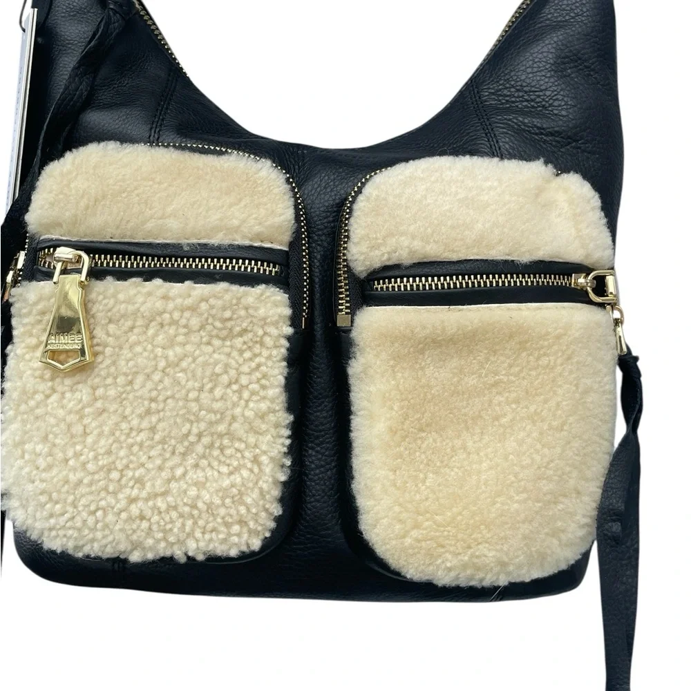 Aimee Kestenberg Car-Go Black Leather‎ Hobo Bag, Shearling Pockets, NWT